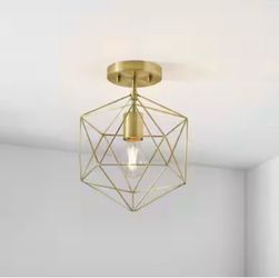 Hampton Bay Gold Semi-Flush Mount Ceiling Light Fixture with Geometric Cage