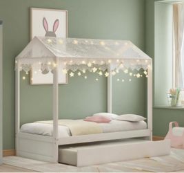 Twin Size House Bed with Trundle, Playhouse Bed, Wooden Montessori Beds with Roof for Kids (frame only no mattresses)