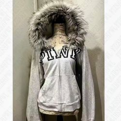 PUNK Women's Light Gray Jacket with Fur Hood