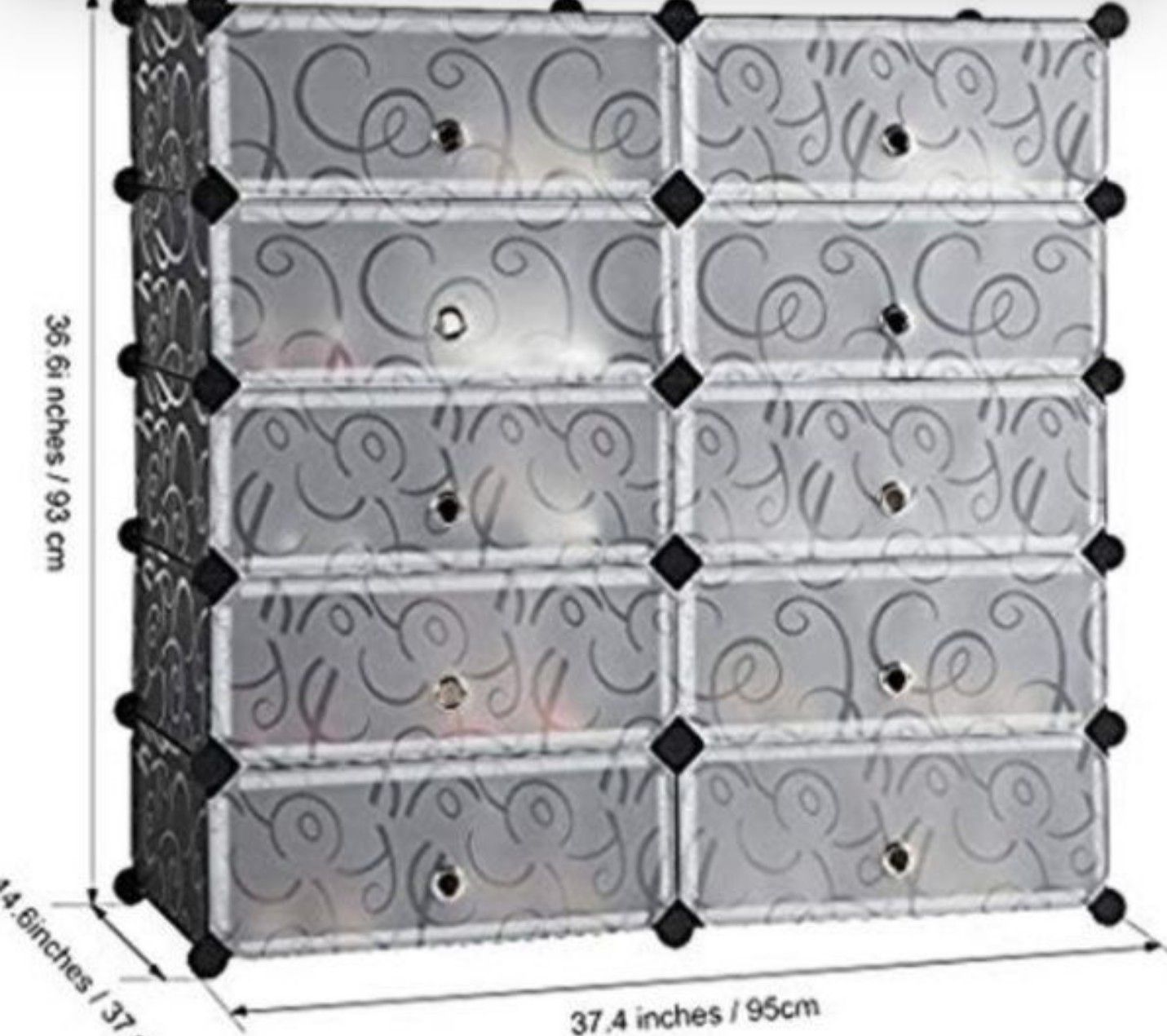 modular multi use plastic storage organizer with 10 doors, curly black and white, dimensions: 37.4 x 14.6 x 36.6 in