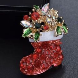 GOLD Christmas Stocking Crystal Presents BROOCH PIN 🎁 GIFT