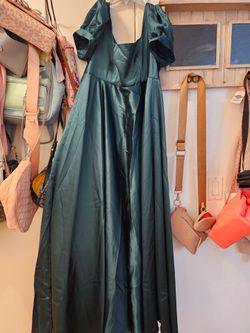 Teal Satin Puff Sleeve Maxi Dress