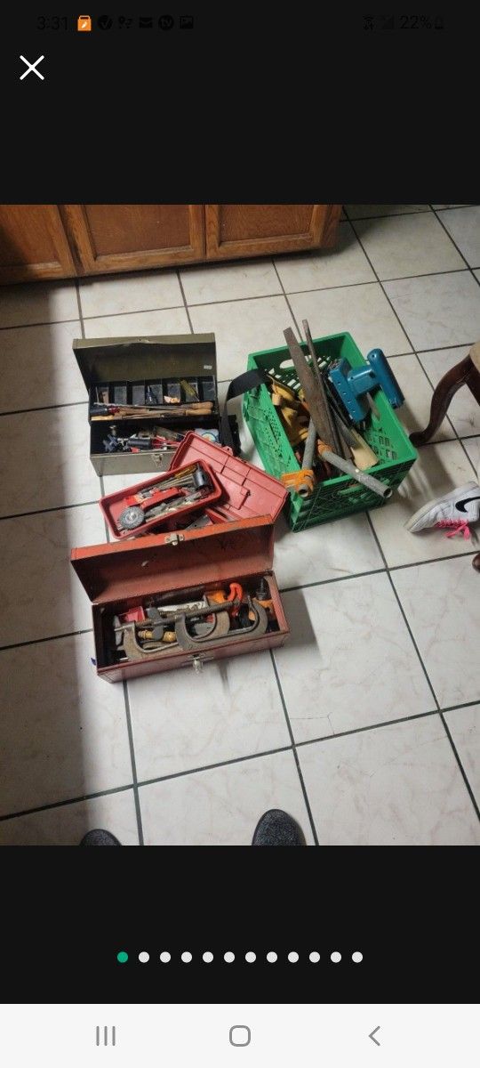 4 Tool Boxes And A Milk Crate Of Vintage And New Tools Hand Tools Antique Stanley Rolling Tool Box