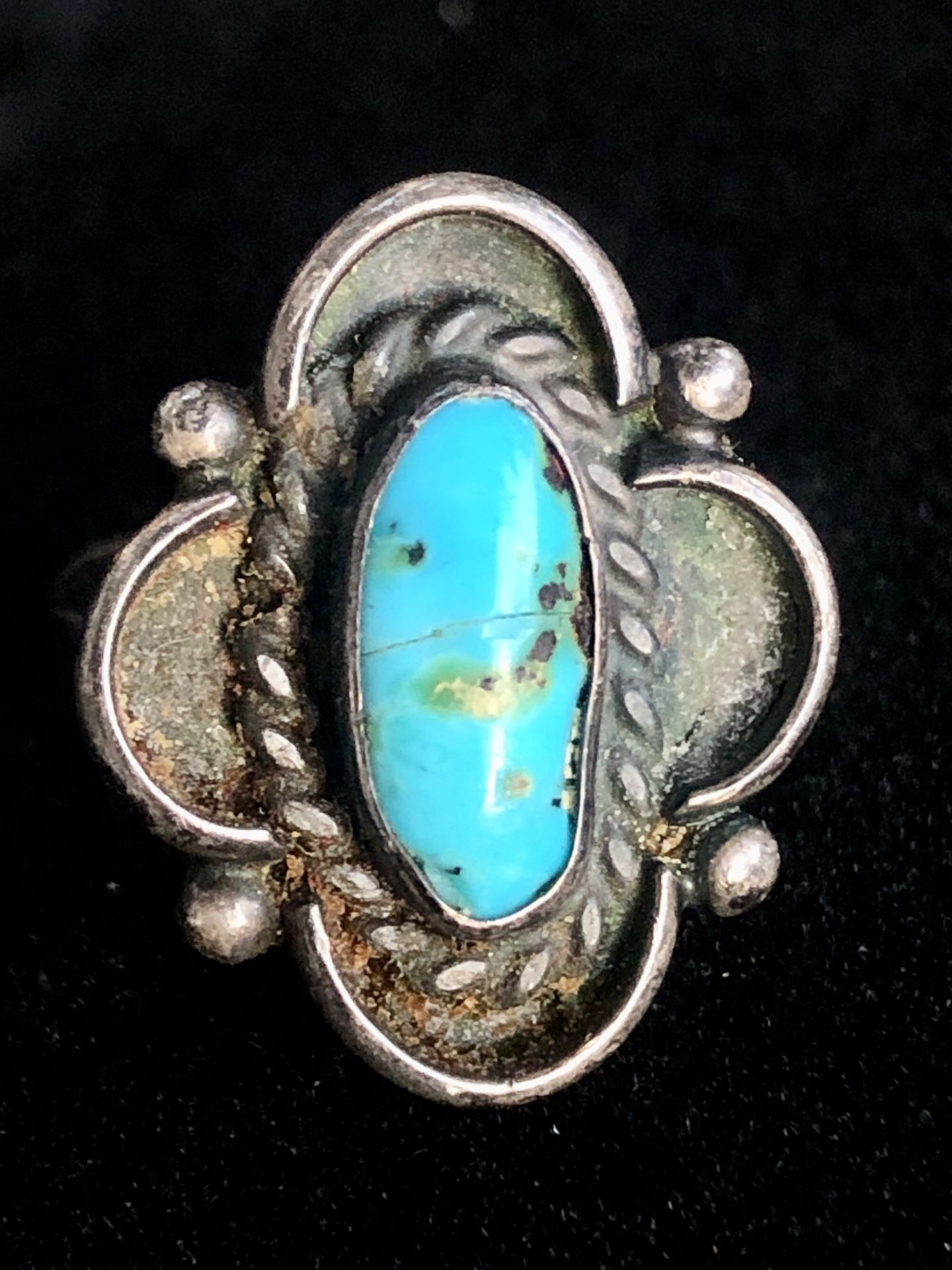 Antique Southwestern Turquoise and Dark Patina Sterling Silver Ring