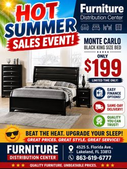 Limited time sale. Monte Carlo black king size bedframe only $199. Easy finance option. Same-day delivery.