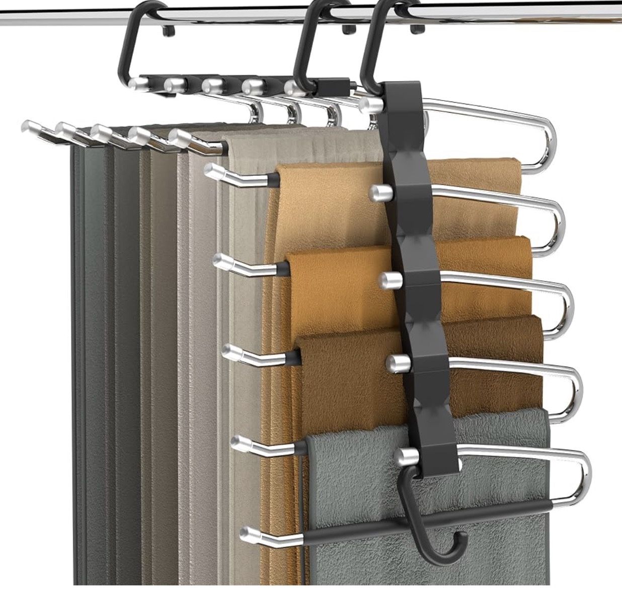 Pants Hangers Space Saving - 2 Pack Closet Organizer and Storage Jean Hangers, Stainless Steel Anti-Slip Clothes Hanger Scarf Holder Pants Hangers for