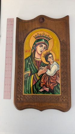 A pair of certified hand painted icons Madonna and Child and Christ on wood Catholic / Orthodox Christian Religious 14”x8” each