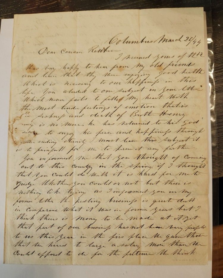 1844 Columbus Ohio Letter Re: Cousins talk Life & Marriage -Compare Slavery to Marriage 2 Letters. See Transcription