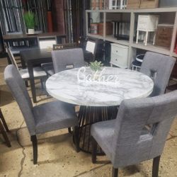 Beautiful 5 Pc Gray And White Faux Marble Dining Set With Fabric Chairs