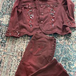 DG2 Diane Gilman Burgundy Embellished Denim Set Jacket Pants 2X 18WP