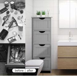 Bonnlo Skinny Bathroom Floor Storage Cabinet, 12 Inch Wide Deep Small Storage Organizer with 4 Drawers, Wooden Modern Grey Thin Free Standing Tower Ca