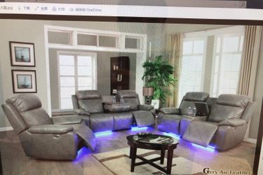 Brand New Grey Air Leather Fabric Power Reclining 3pc Set With Storage Compartments Built In Cup Holders & A Drop Down Table