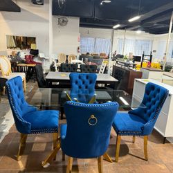 🔥Set of 5🔥Blue luxury velvet dining chairs with gold-plated stainless steel legs, velvet upholstery on the backrest and buttons. 63 in. Gold Tempere