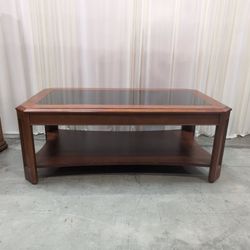 Brown Wood Inset Glass Top Coffee Table with Shelf