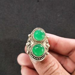 Vintage-style bright green jade ring, men's green jade ring inlaid with Tibetan silver
