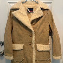Vintage Women’s Shearling Fur Trim Suede Leather Sherpa Tan Coat Medium