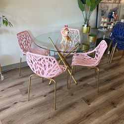 Pink And Gold Round Glass Dining Set For 4 People