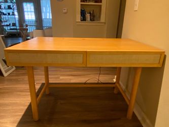 Boho Rattan Crate and Barrel oak wood desk with power outlet