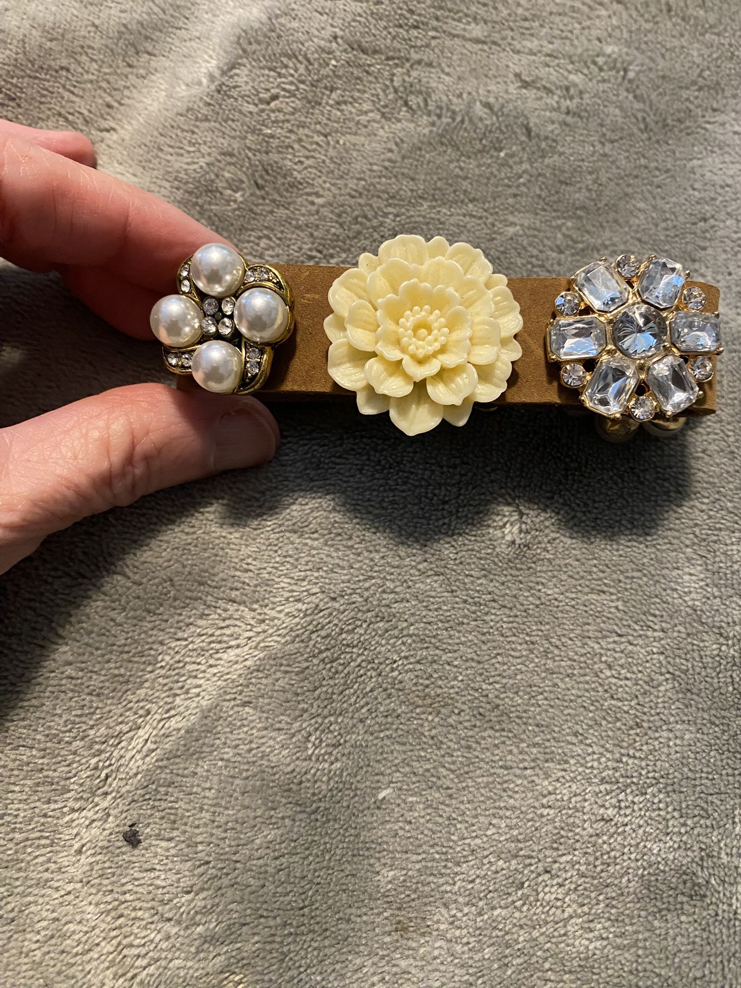 Vintage Plunder Leather Bangle Bracelet Rhinestone Lucite Flowers