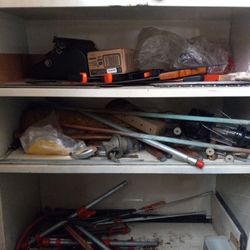 Metal Storage Closet Full Of Old Tools Paints Power Tools Clamps 