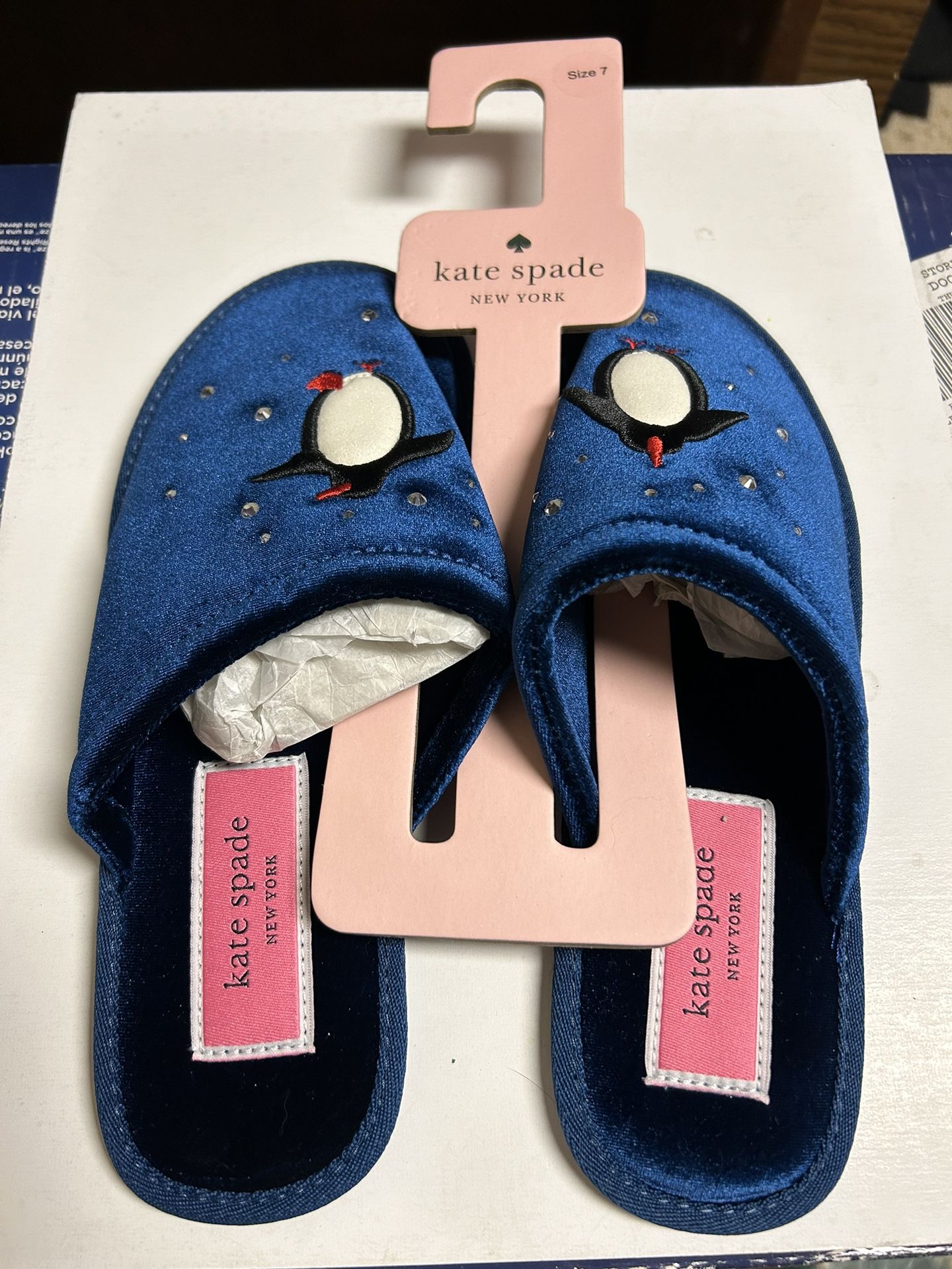 NEW Kate Spade Blue velvet Jolie Winter Slippers, size 7