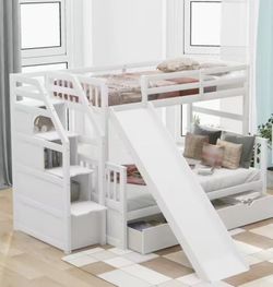 White bunk bed with slide stairs and drawers 2 yrs old manuals included $450 OBO