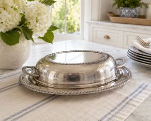 Vintage Silver-Plated Covered Vegetable Serving Dish with Tray | Rope Edge | Elegant Entertaining
