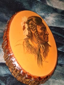 Vintage M. Yellis "Native American Indian Chief" Tree Cut Wood Plaque