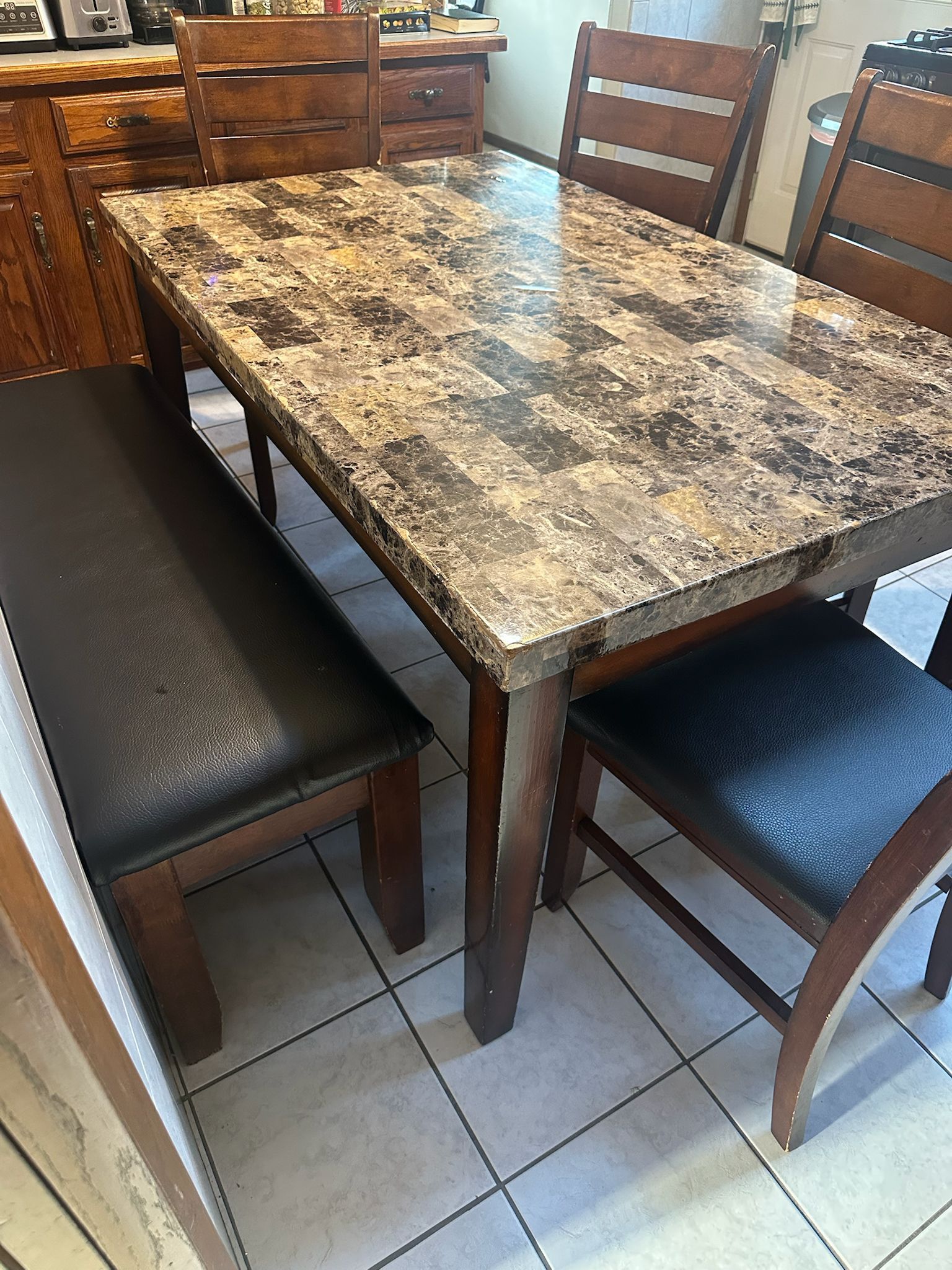 DINING TABLE WITH BENCH SEAT AND 4 CHAIRS