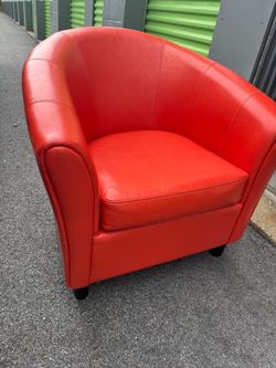 Red Faux Leather Upholstered Barrel Tub Accent Chair, Wood Frame, Indoor