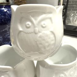 Set of 3 Vintage Tulip Shaped Otagiri Cups / Planters / Candle Holders White Porcelain With Embossed Owls Made in Japan  approx 3.25” Tall x 3.75” Wid