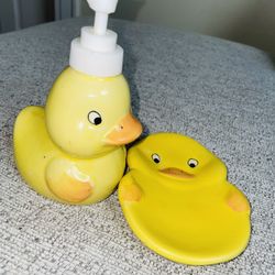Yellow Duckies Soap Container And Dish Bathroom Set 