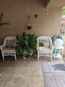 White Rattan Patio Furniture Two Chairs And Table