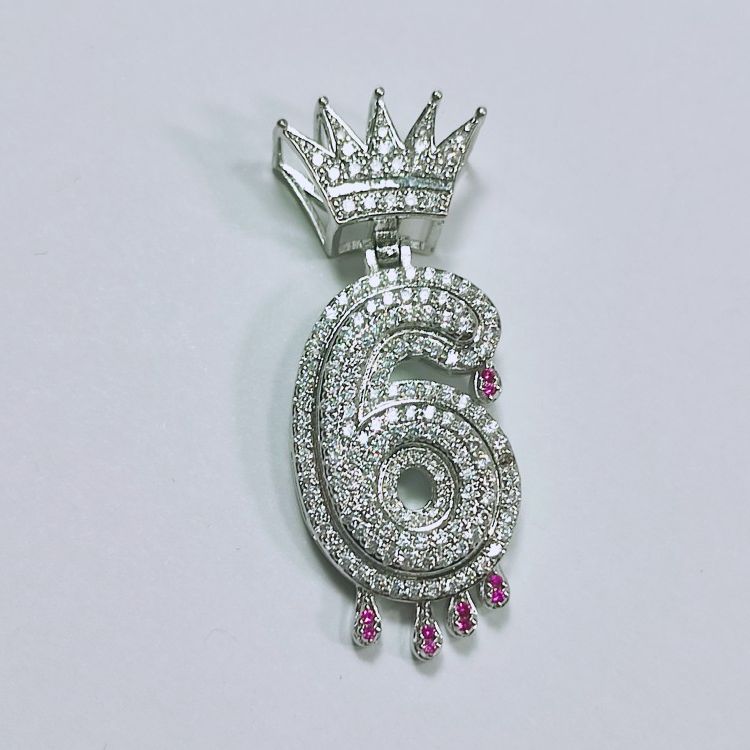 Iced Out Faux Diamond Pendant - Number 6 - Crown - Hip Hop - Bling