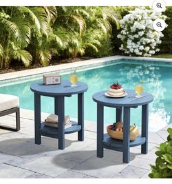 Round Outdoor Side Tables Set of 2, All Weather Use Double Layer Patio Side Table, HDPE Adirondack End Table for Patio, Garden, Deck - Blue brand new 