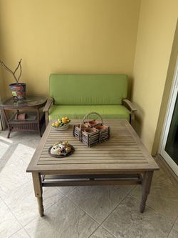 Beautiful Sunbrella solid wood patio furniture -Wooden outdoor couch and table-Sunbrella cushions!!