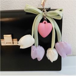 Tulip Keychain Hanging Bag Charm Pink Heart Dainty