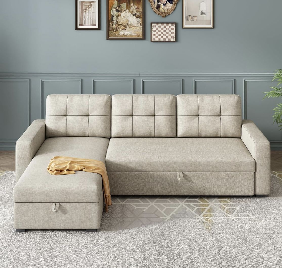 Brand New L Shaped Beige Sectional With Pullout Bed