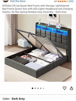 Lift Up Queen Bed Frame with Storage, Upholstered Bed Frame Queen Size with LED Lights Headboard and Charging Station, No Box Spring Needed, Easy Asse