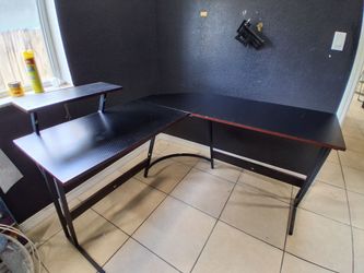 Black L-Shaped Gaming Desk with Monitor Riser