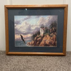 Vintage Lighthouse And Eagle Matted And Framed 