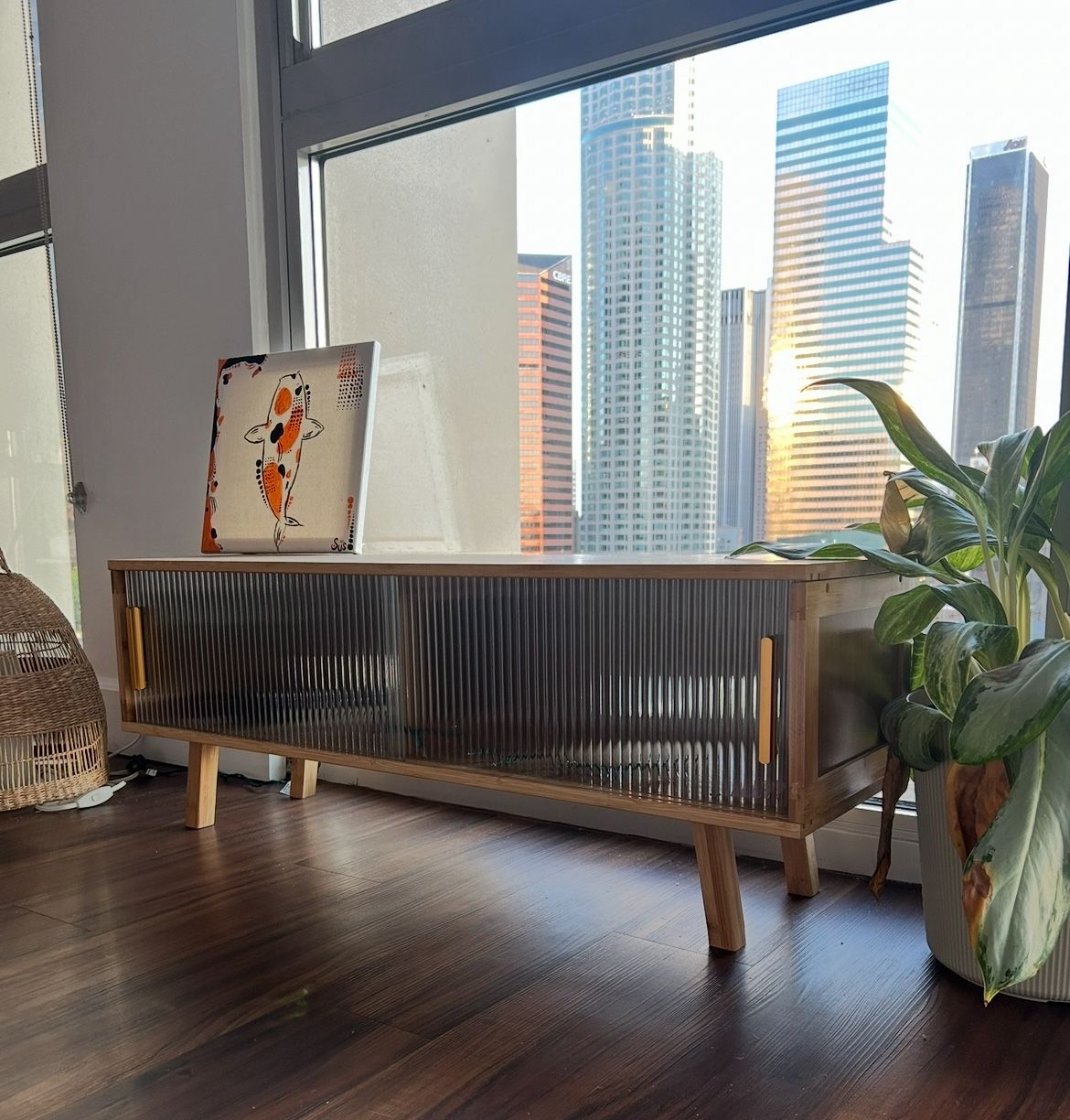 Modern Wood and Fluted Glass Tv Stand Storage Unit Console