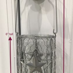 Thick Glass Jar in a Gray Metal Hanger with Star Accents & Handle