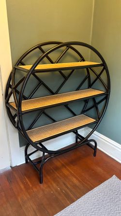 Black and Rattan Round Bookshelf