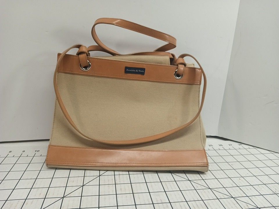 Preston York Vintage Womens Handbag Tote Tan Light Brown Canvis Leather