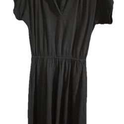 California Drawstrings Maxi Dress Black Made in USA 100% Cotton Pockets Collar