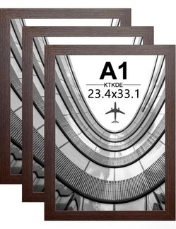 KTKDE A1 Poster Frame 3 Pack, 23.4x33.1 Walnut Wooden, Vertical & Horizontal Wall Hanging Large Picture Frame for Photos, Posters & Art Prints Perfect