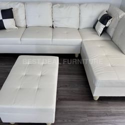 White Leather Sectional Couch And Ottoman