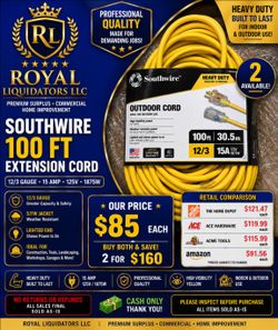 NEW SOUTHWIRE 100 FT HEAVY-DUTY EXTENSION CORD – 12/3