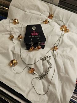 Orange And Silver Necklace Earring Set, New